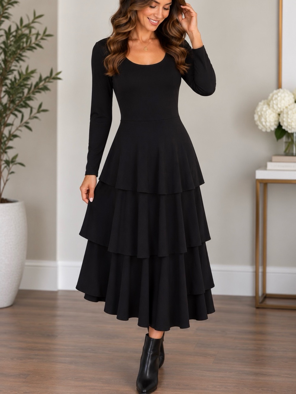 LuLaRoe Black Long-Sleeve Tiered Midi Dress